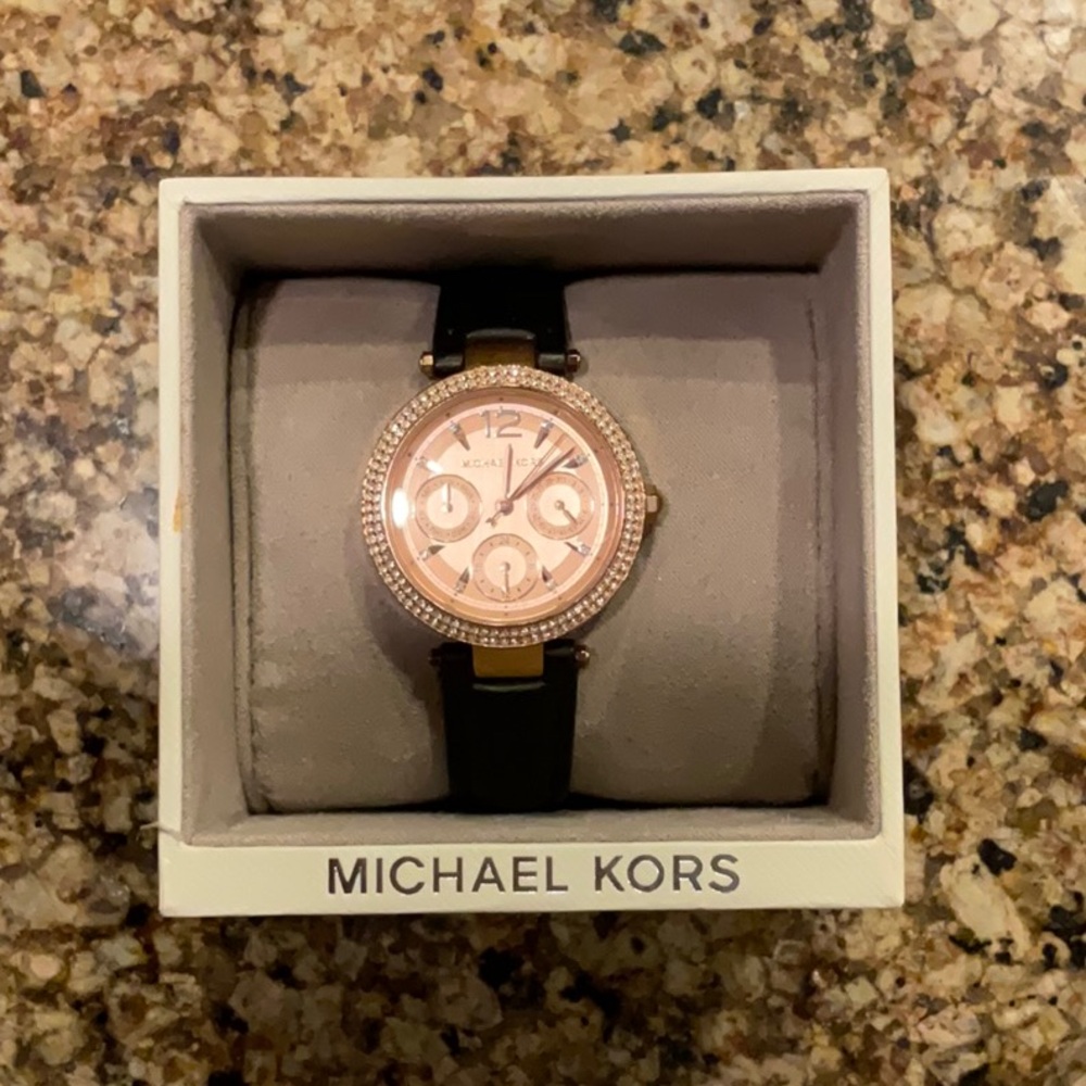 Michael Kors Pink/Rose Gold Dial Watch with Black Strap